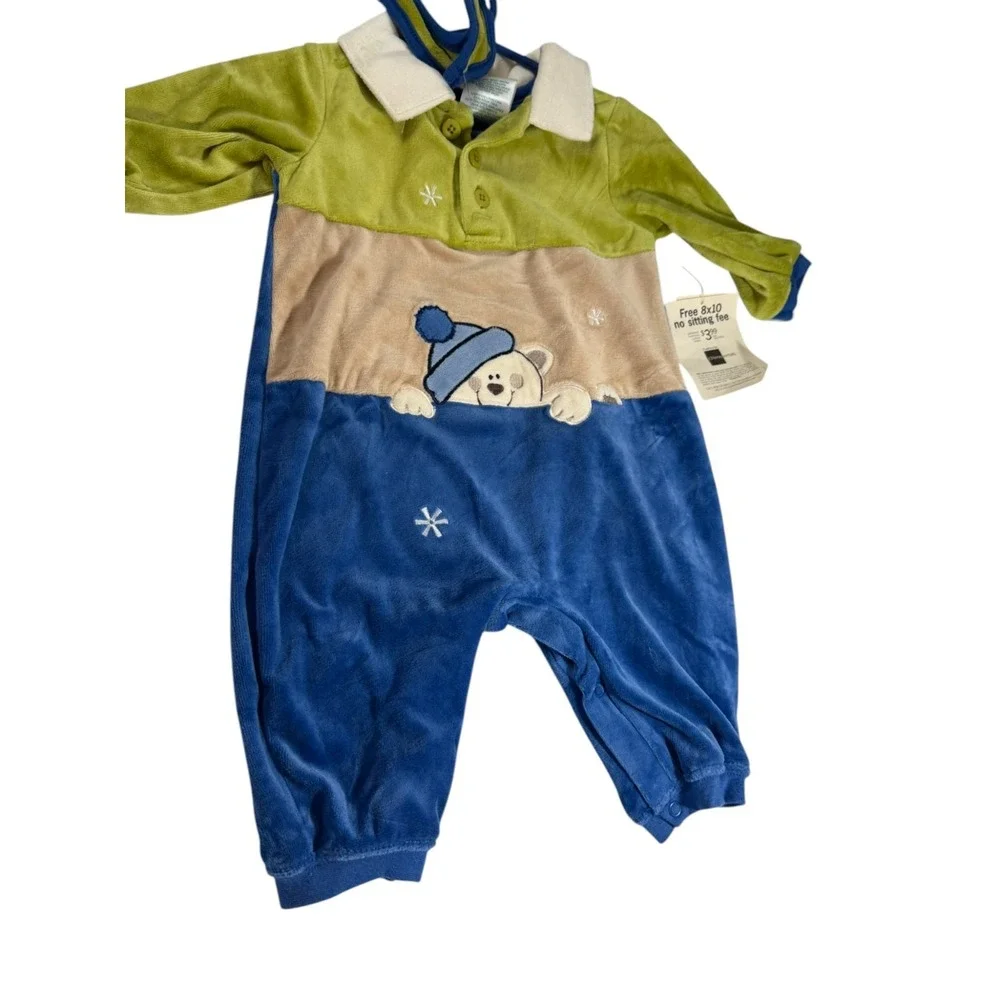 Vintage Okie Dokie Baby Velour Jumpsuit with Bib Infant 6-9 months